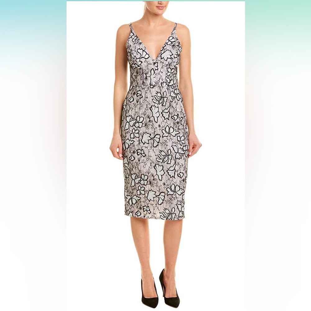Dress the Population Women's Lyla Plunging Sleeveless Fitted Midi Sheath Dress